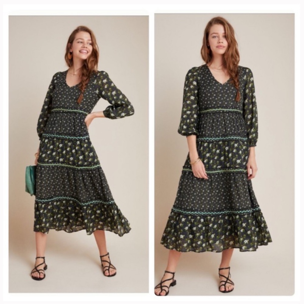 Anthropologie Karoline Tiered Maxi Dress Dainty Dark Floral  Midi Prairie Dress